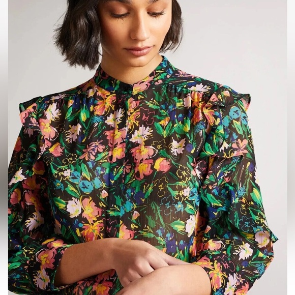 TED BAKER Abstract Floral Print Carita Ruffle Semi Sheer Shirt Blouse Top Sz 4 - Picture 2 of 11